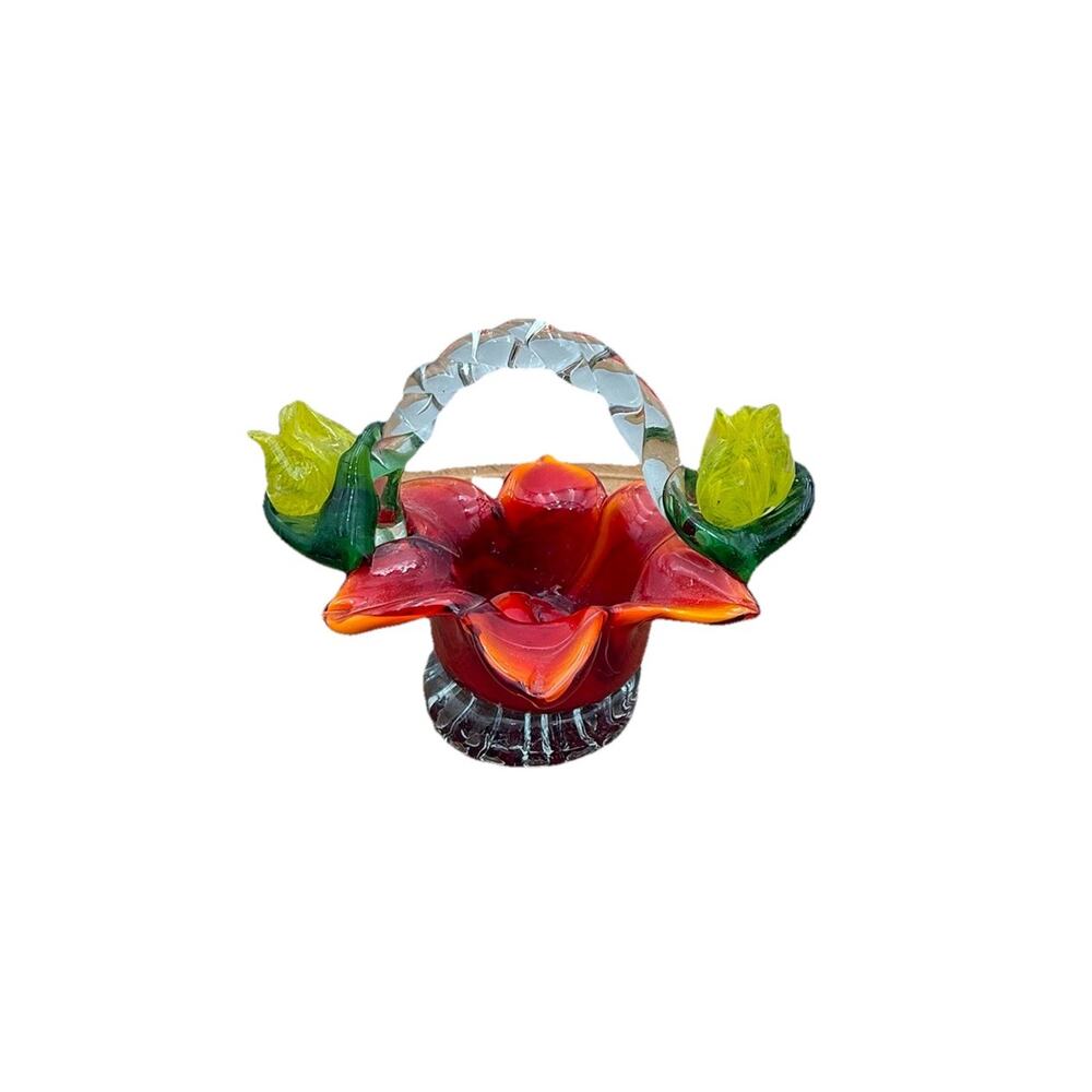 3" Vintage Red Flower Hand Blown‎ Art Glass Basket Murano Style EUC